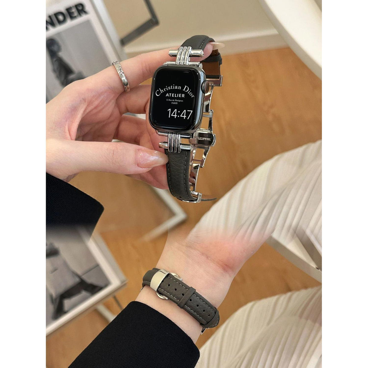 Pebbled Genuine Leather Butterfly-Clasp iWatch Band for Apple Watch Series 10/9/8/7/6/5/4/3 and SE, main view 1
