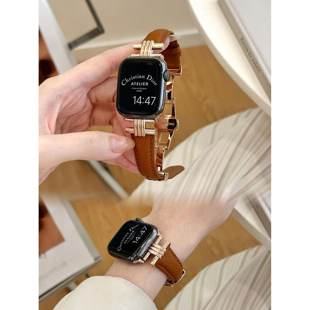 Pebbled Genuine Leather Butterfly-Clasp iWatch Band for Apple Watch Series 10/9/8/7/6/5/4/3 and SE, main view 2