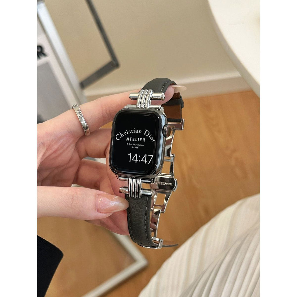Pebbled Genuine Leather Butterfly-Clasp iWatch Band for Apple Watch Series 10/9/8/7/6/5/4/3 and SE, main view 9