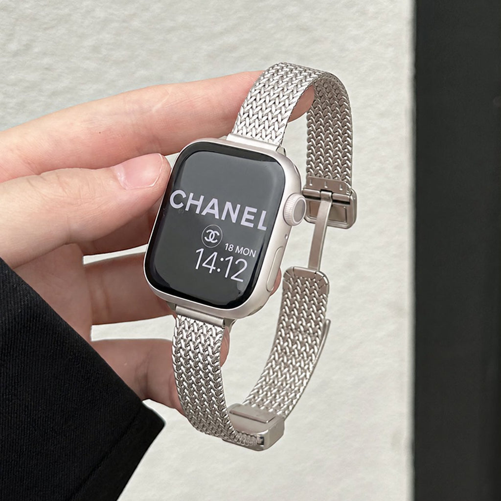 Slim Wheat-Link Magnetic-Clasp Metal Band for Apple Watch Series 10/9/8/7/6/5/4/3/2/1 and SE; English watch-face date