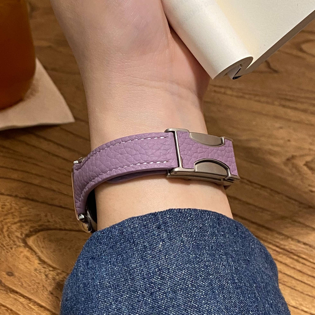 Joan's Double-C Clasp Slim-Waist Pebbled Band for Apple Watch Series 10/9/8 and Huawei Watches