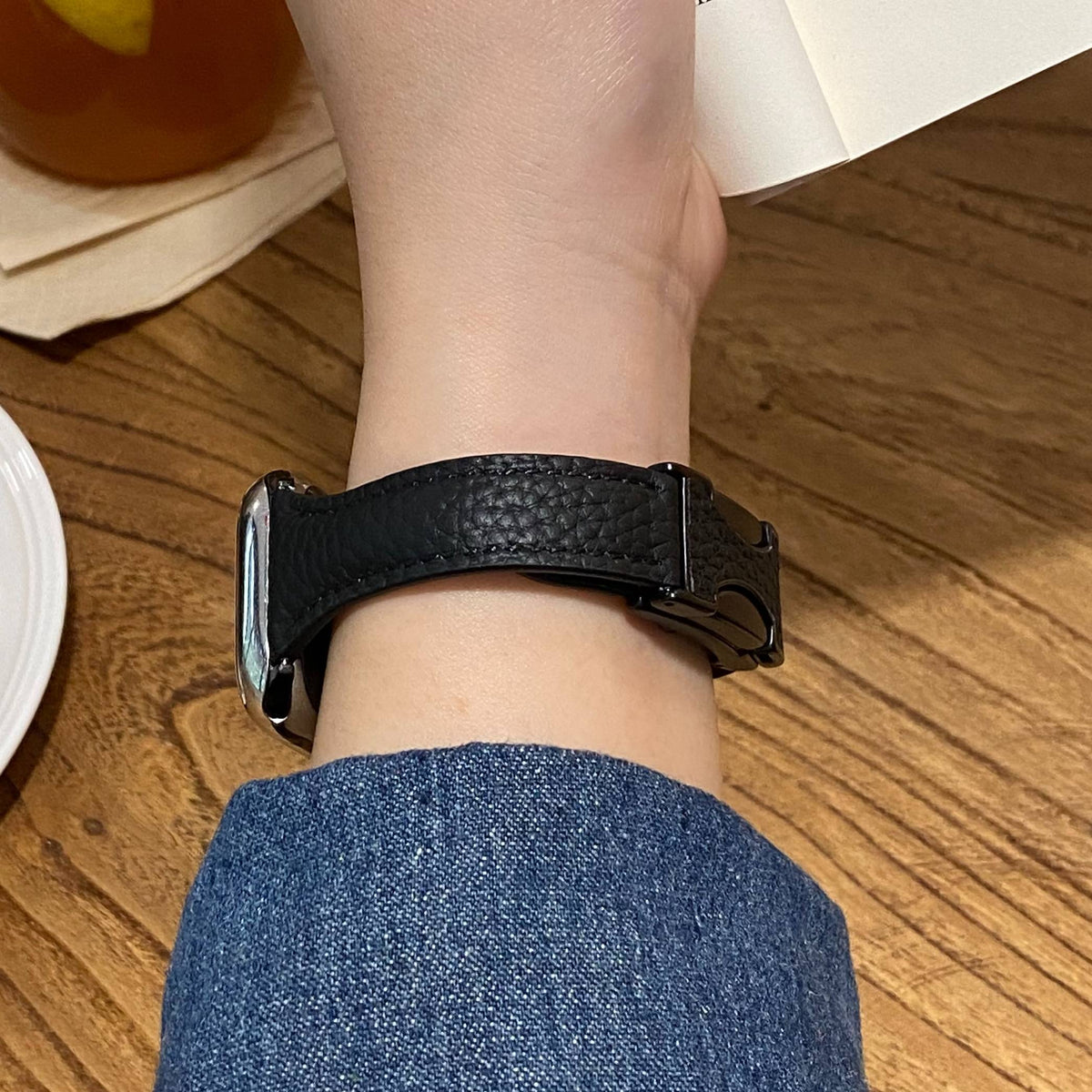 Joan's Double-C Clasp Slim-Waist Pebbled Band for Apple Watch Series 10/9/8 and Huawei Watches
