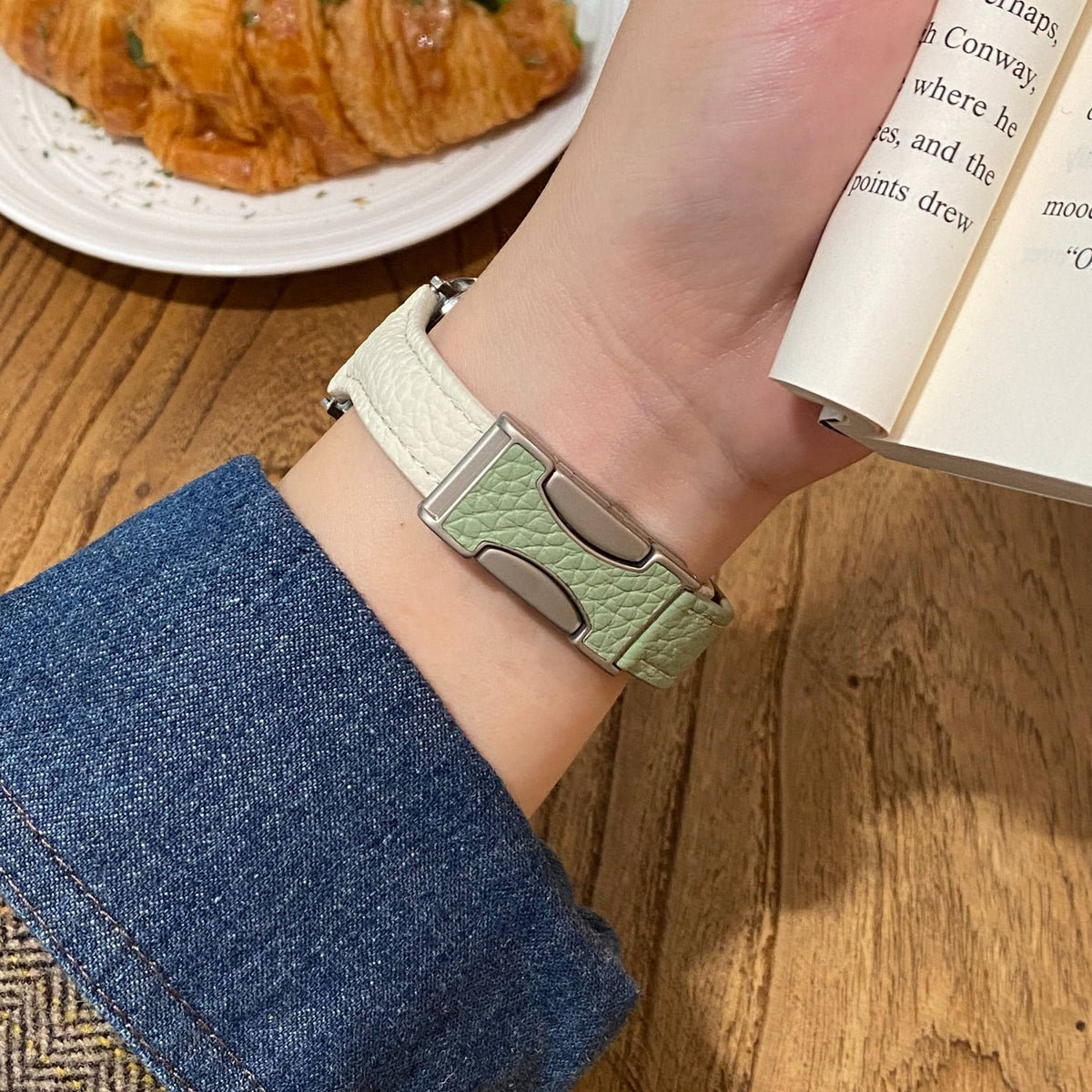 Joan's Double-C Clasp Slim-Waist Pebbled Band for Apple Watch Series 10/9/8 and Huawei Watches