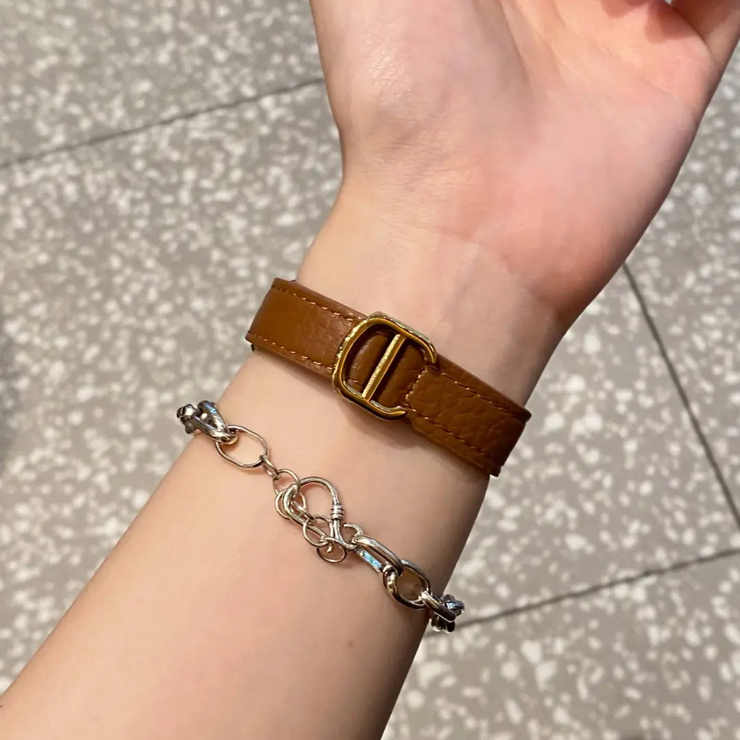 Slim Genuine Leather D-Folding-Clasp Band for Apple Watch Series 10/9/7/6/5/4 and SE - Brown / Gold Clasp