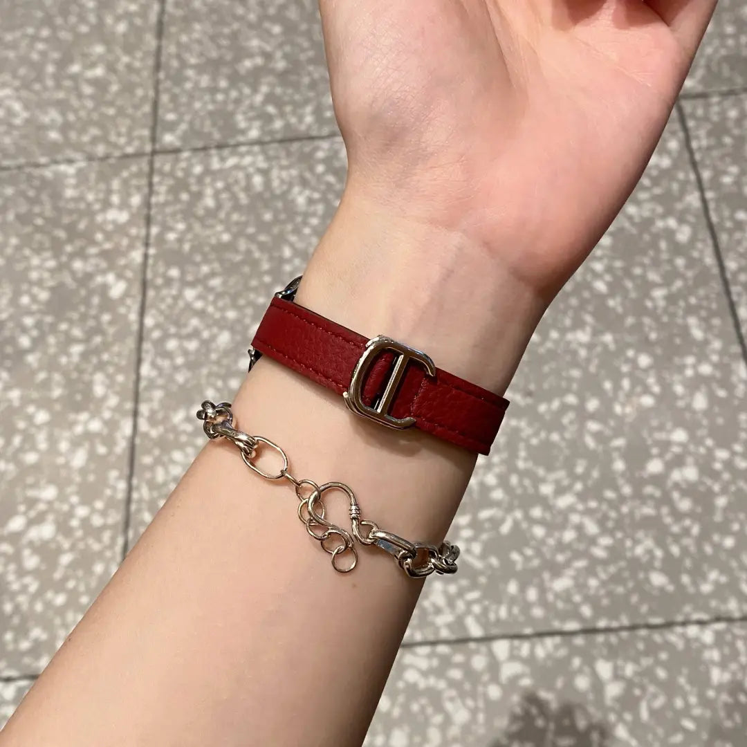 Slim Genuine Leather D-Folding-Clasp Band for Apple Watch Series 10/9/7/6/5/4 and SE - Burgundy / Silver Clasp