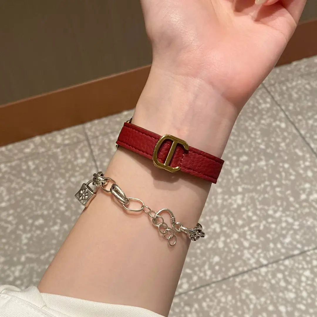 Slim Genuine Leather D-Folding-Clasp Band for Apple Watch Series 10/9/7/6/5/4 and SE - Burgundy / Gold Clasp