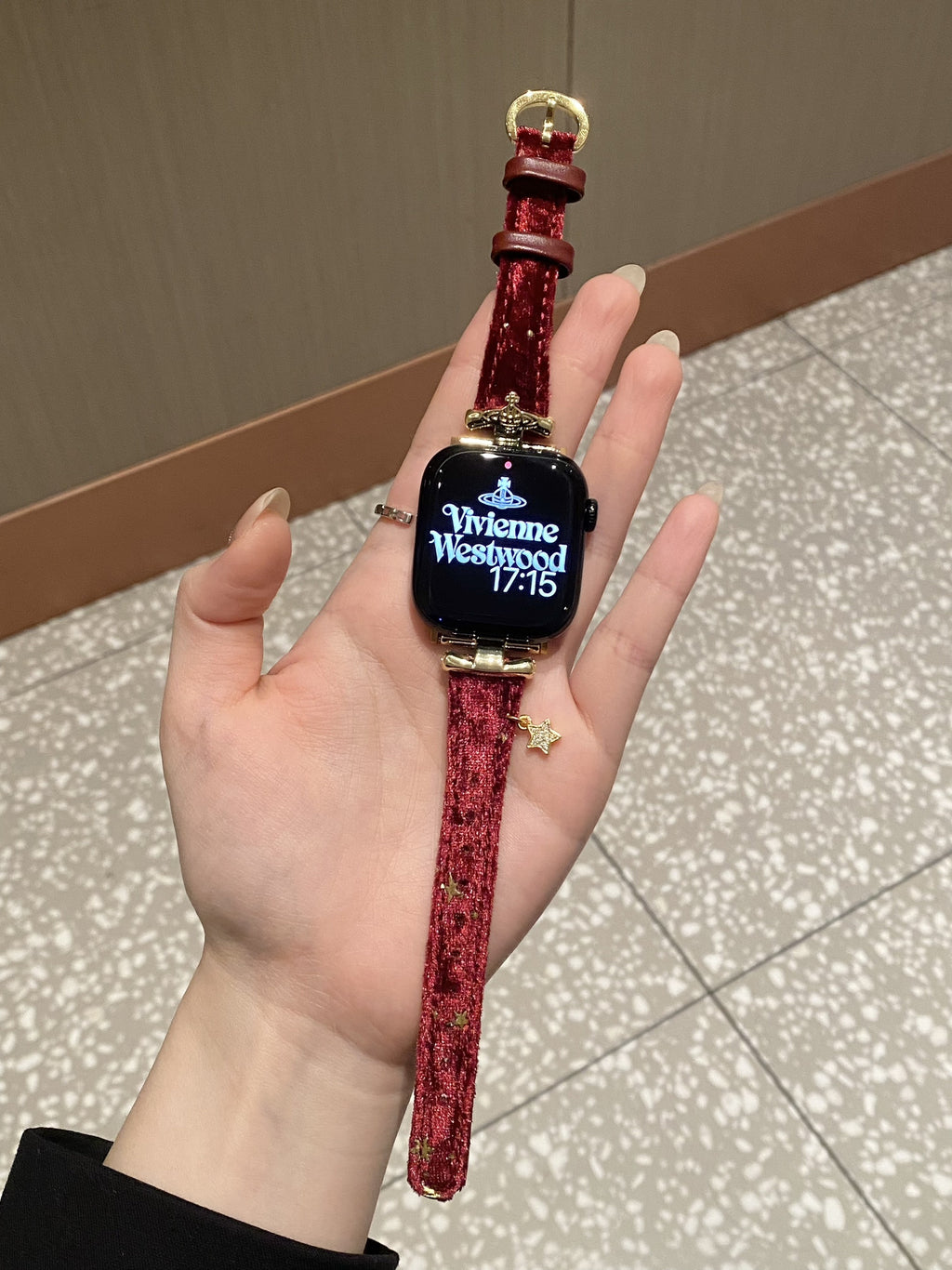 Saturn-Clasp Velvet Gilded Resin-Detail Leather Band for Apple Watch Series 11/10/9/8/7/6/5 and SE