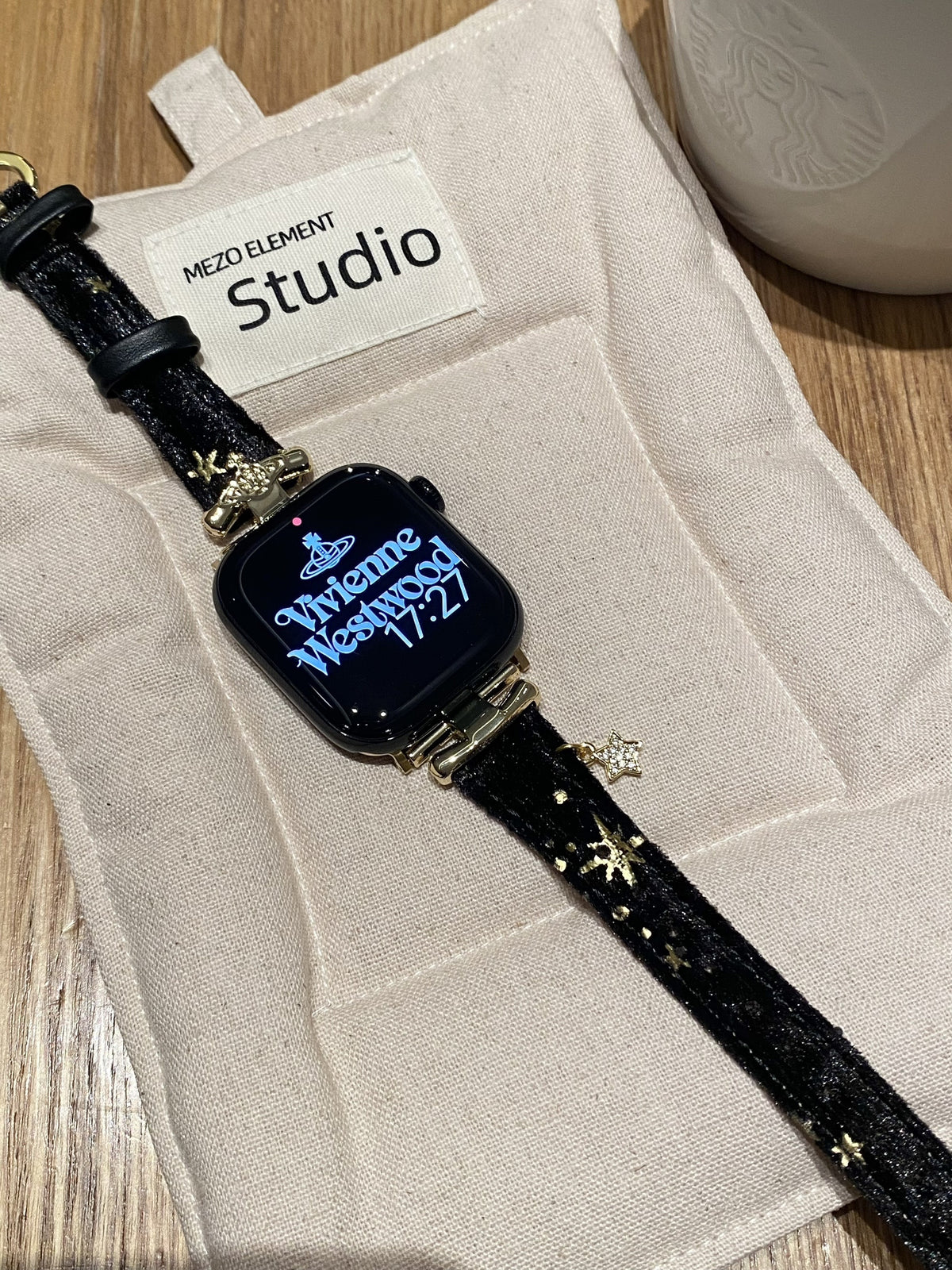 Saturn-Clasp Velvet Gilded Resin-Detail Leather Band for Apple Watch Series 11/10/9/8/7/6/5 and SE