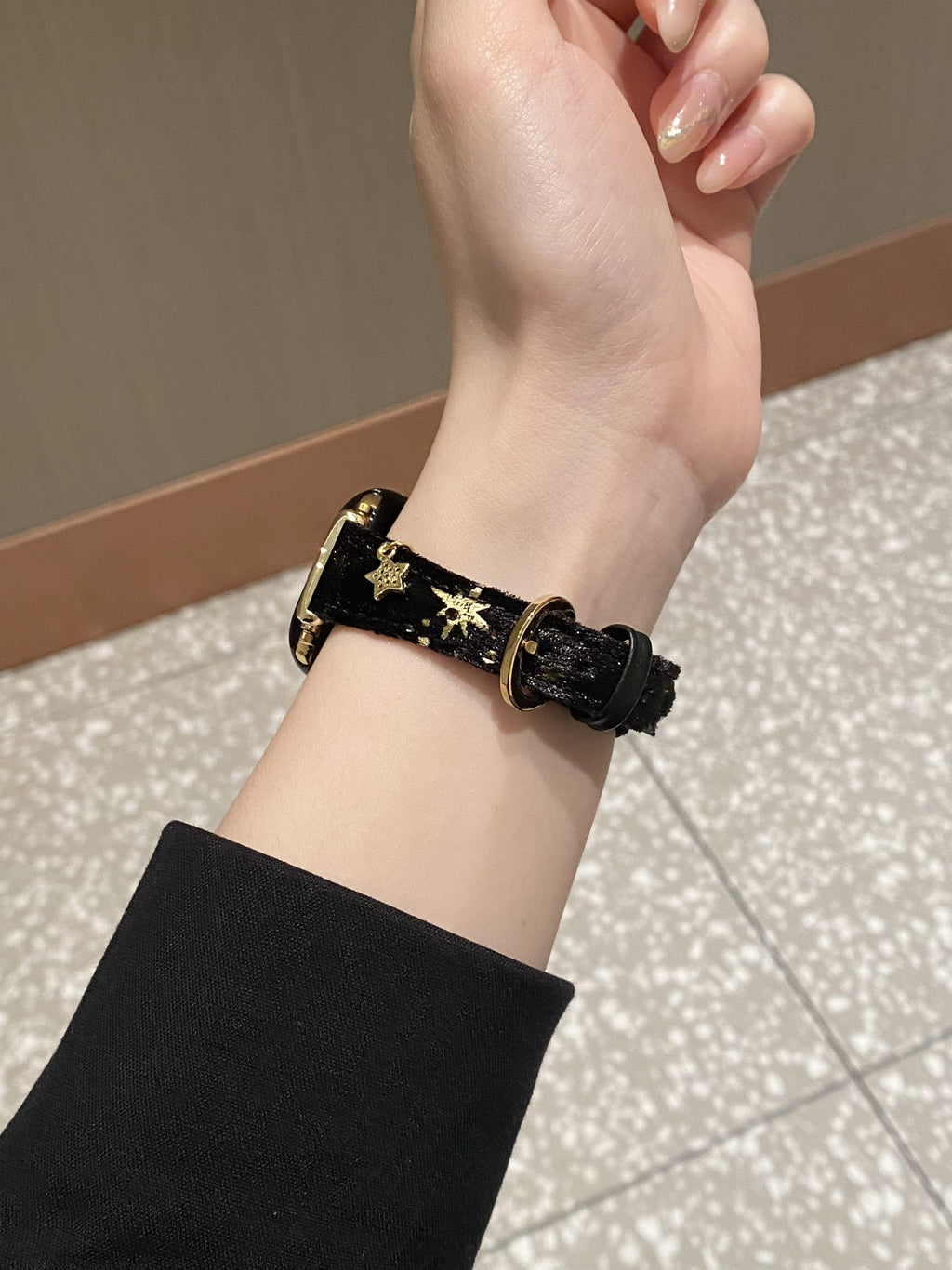 Saturn-Clasp Velvet Gilded Resin-Detail Leather Band for Apple Watch Series 11/10/9/8/7/6/5 and SE