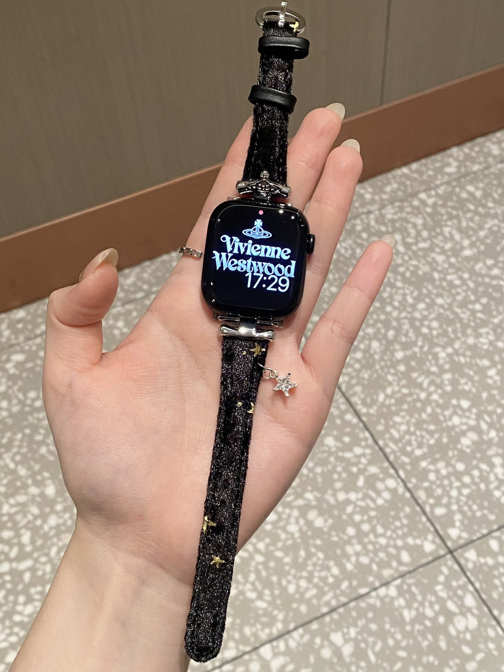 Saturn-Clasp Velvet Gilded Resin-Detail Leather Band for Apple Watch Series 11/10/9/8/7/6/5 and SE