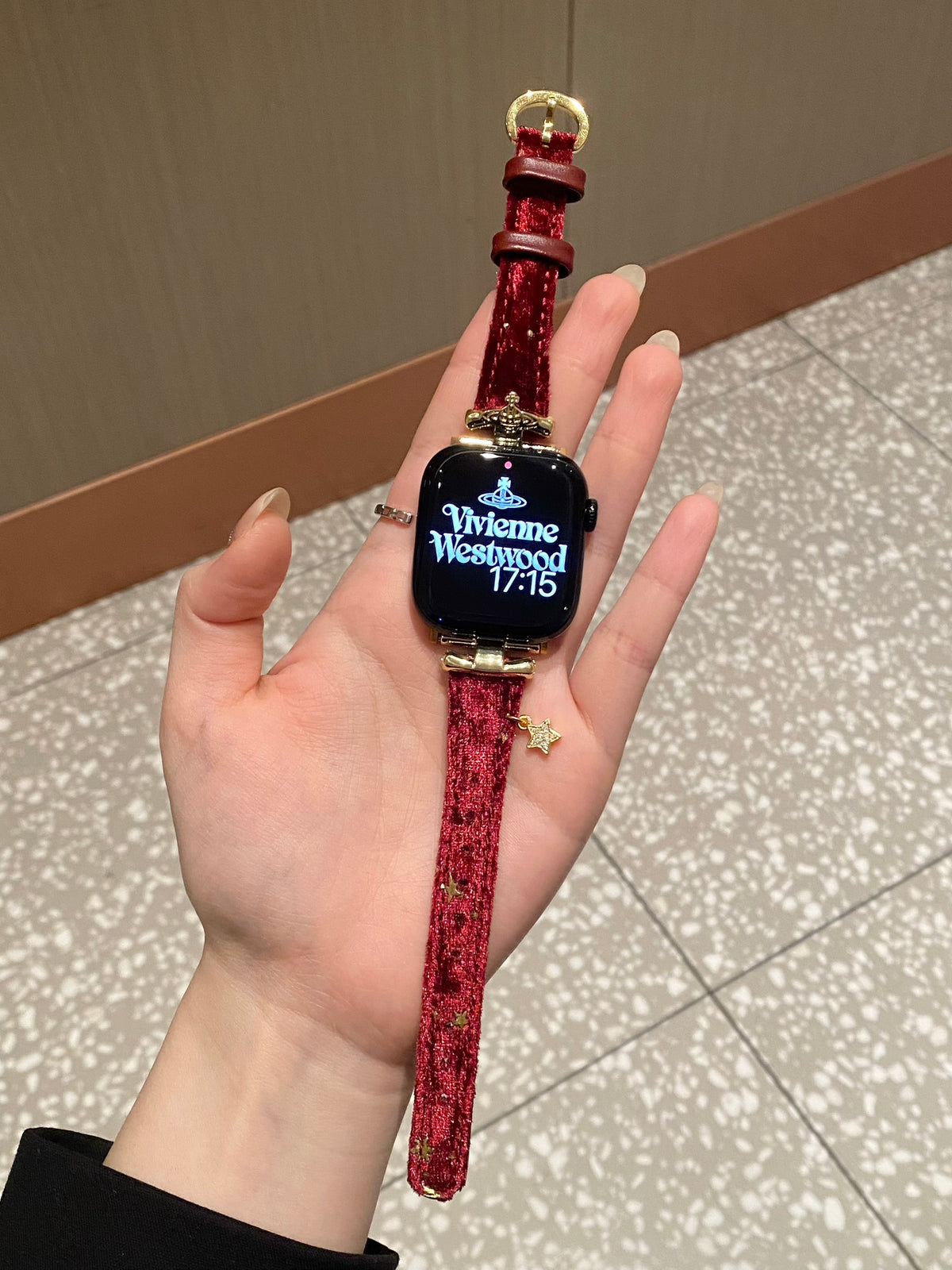 Saturn-Clasp Velvet Gilded Resin-Detail Leather Band for Apple Watch Series 11/10/9/8/7/6/5 and SE