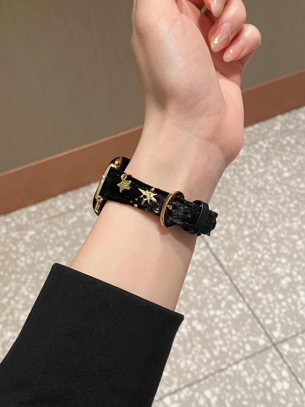 Saturn-Clasp Velvet Gilded Resin-Detail Leather Band for Apple Watch Series 11/10/9/8/7/6/5 and SE