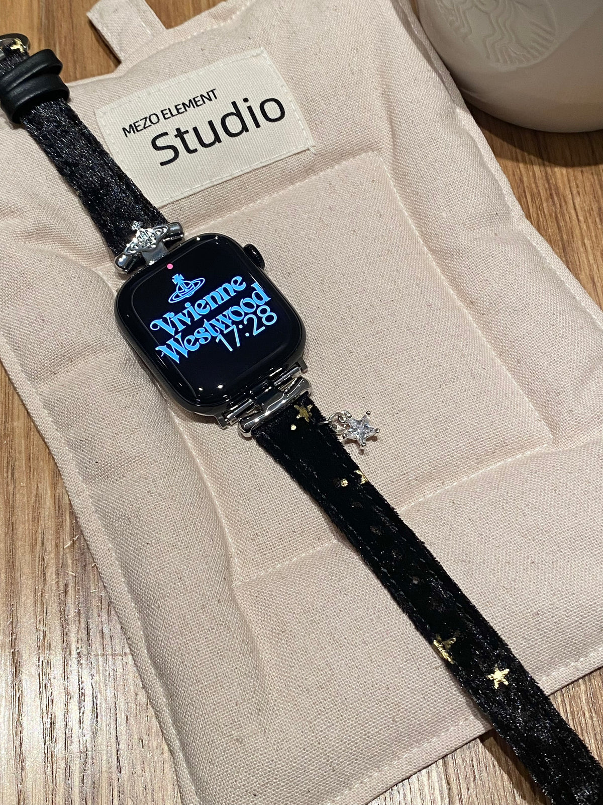 Saturn-Clasp Velvet Gilded Resin-Detail Leather Band for Apple Watch Series 11/10/9/8/7/6/5 and SE