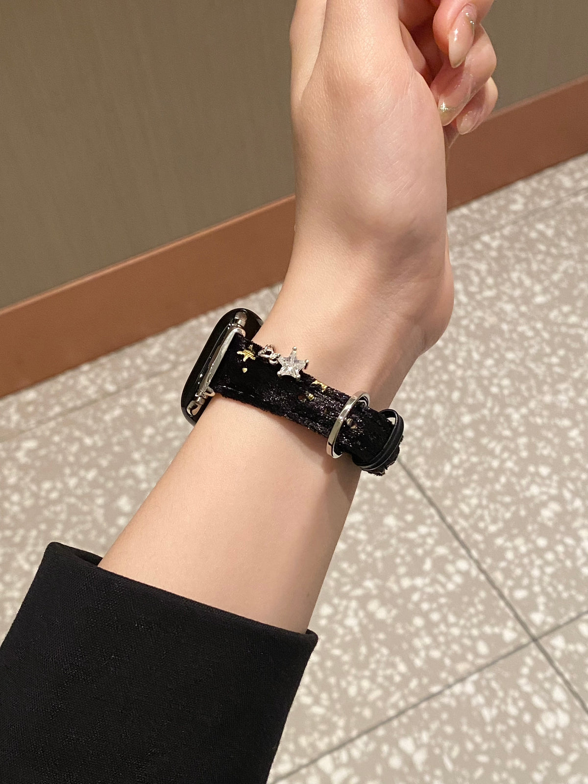 Saturn-Clasp Velvet Gilded Resin-Detail Leather Band for Apple Watch Series 11/10/9/8/7/6/5 and SE