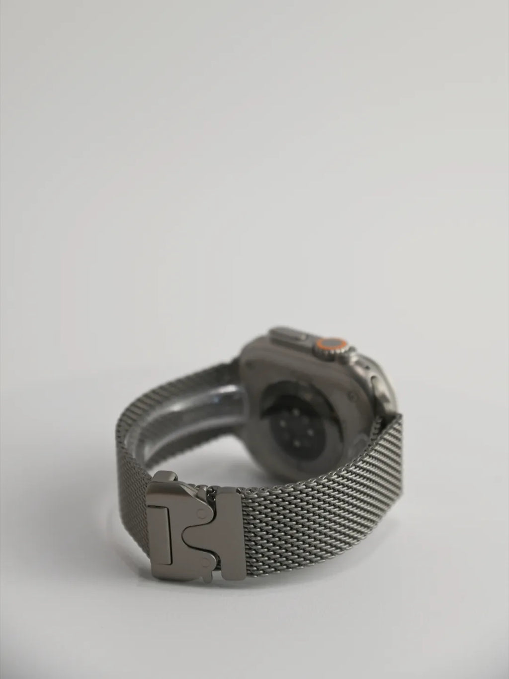Titanium-color stainless steel Milanese Apple Watch band — front view