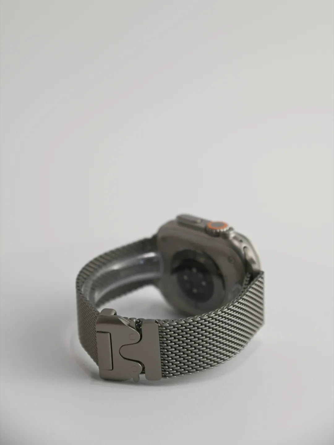 Titanium-color stainless steel Milanese Apple Watch band — front view