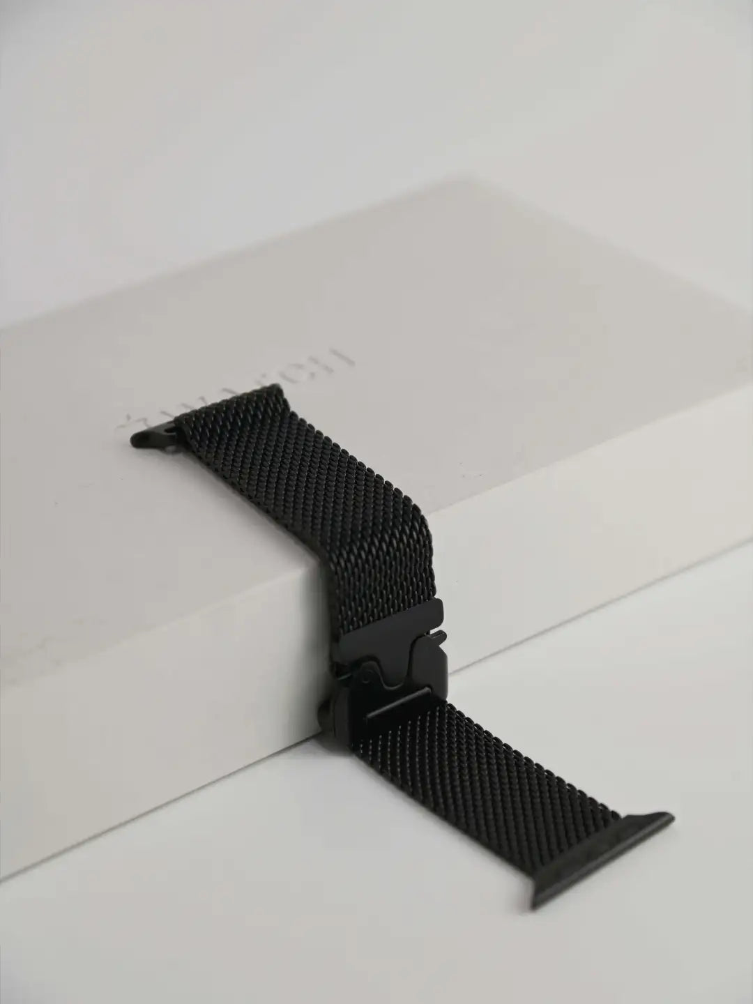 Black stainless steel Milanese Apple Watch band — view 7