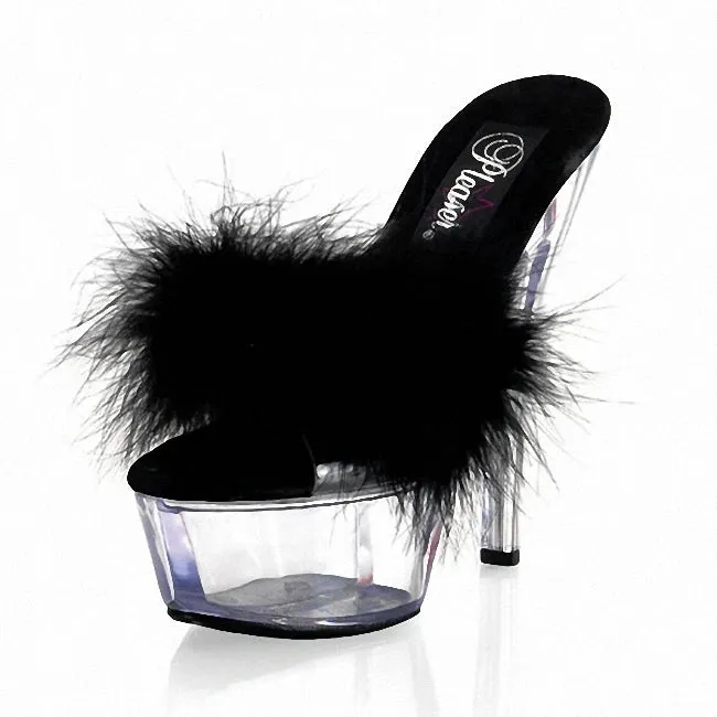 6 inch High heeled shoes Clear lace Sexy Fetish Outer wear 15cm Models Party Cross dressing platform Feather Slippers