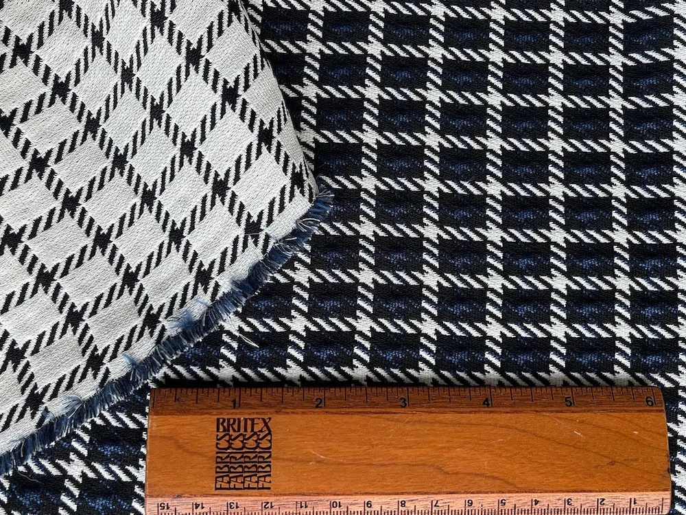 80" Panel -  Reversible Couture Black & Royal Blue Windowpane Check Viscose Blend Crepe Suiting (Made in Italy)