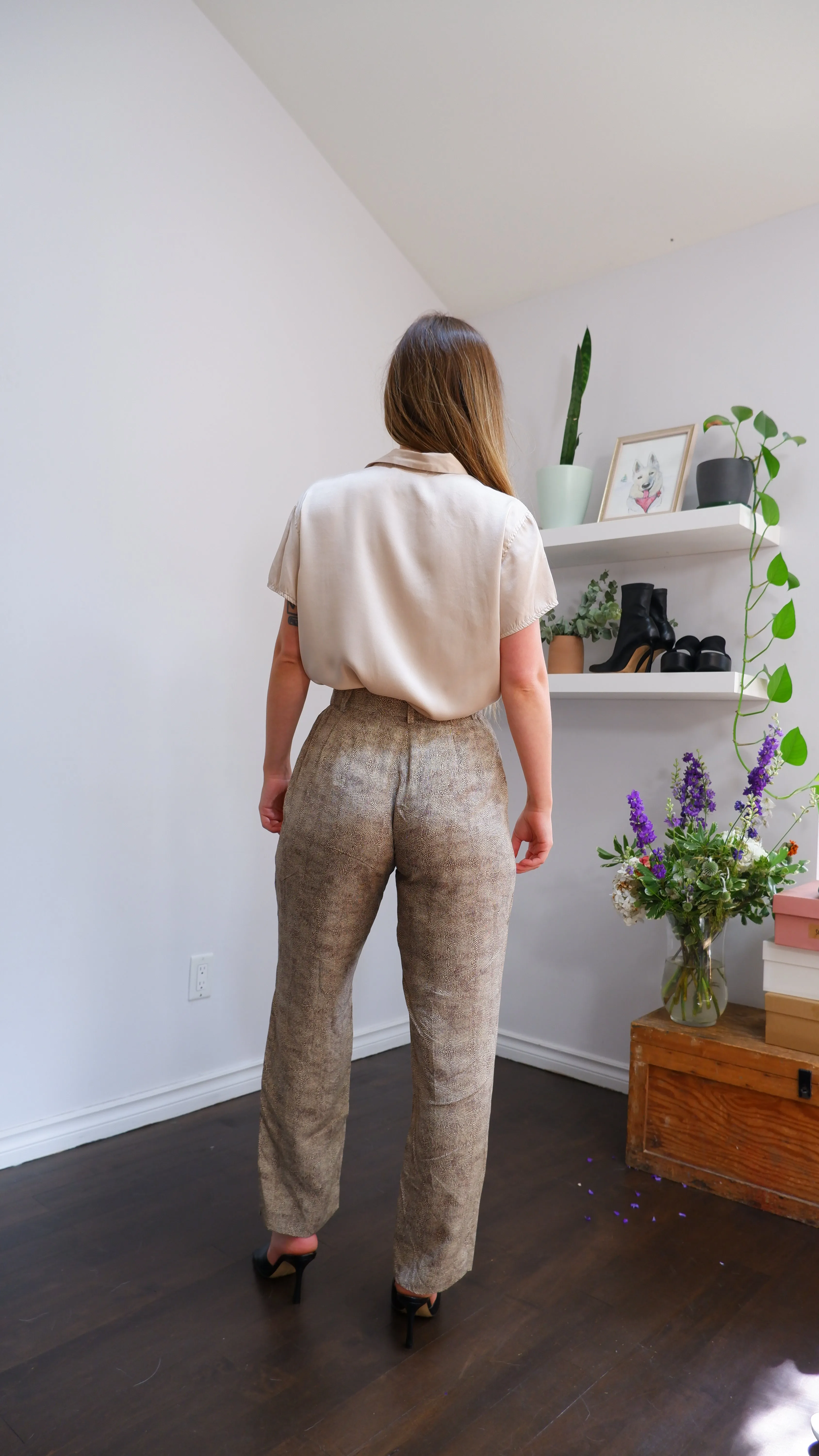 80s 100% Silk Snake Print Straight Leg Trousers - 4