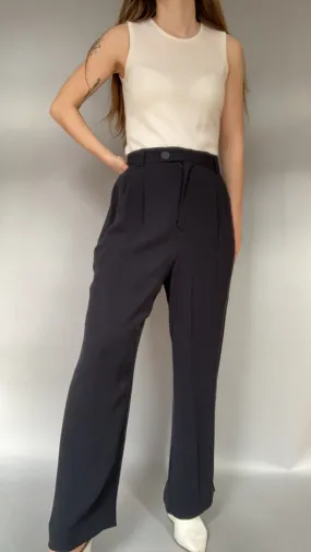 90s Navy 100% Silk Micro-Ribbed Trousers