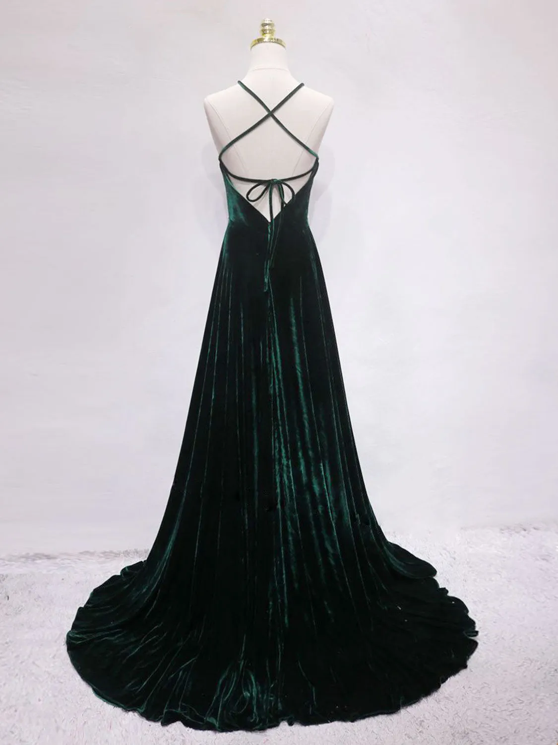 A-Line Backless Green Velvet Long Prom Dresses, Green Formal Evening Dresses