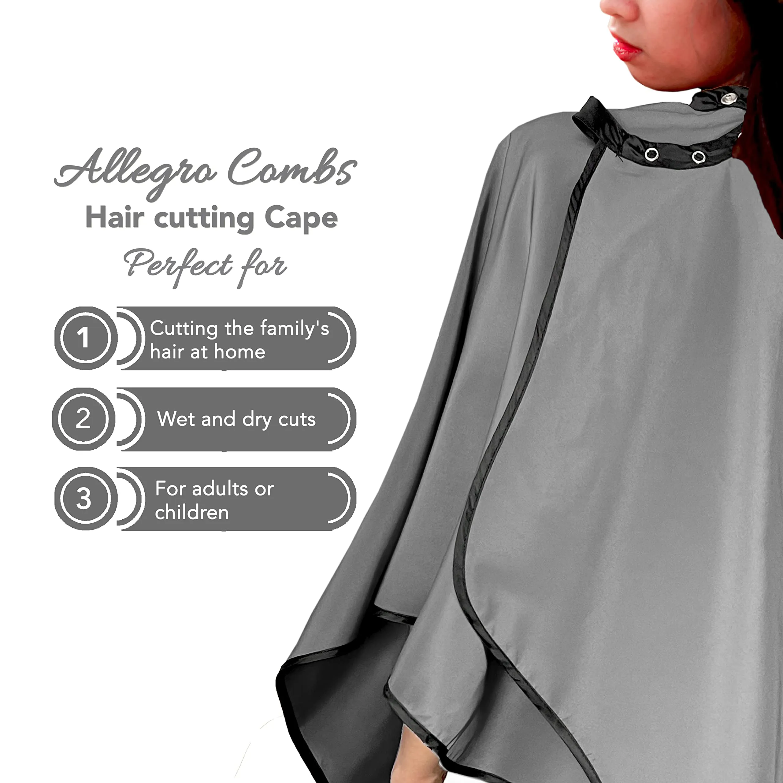 Allegro Combs Hair Cutting Cape Haircut Barber Apron Hair Stylist For Men Hair Cape Kids Cutting Adjustable Water Resistant One-Size-Fits-All 46 X 60 In. 1 Pc. (Gray)