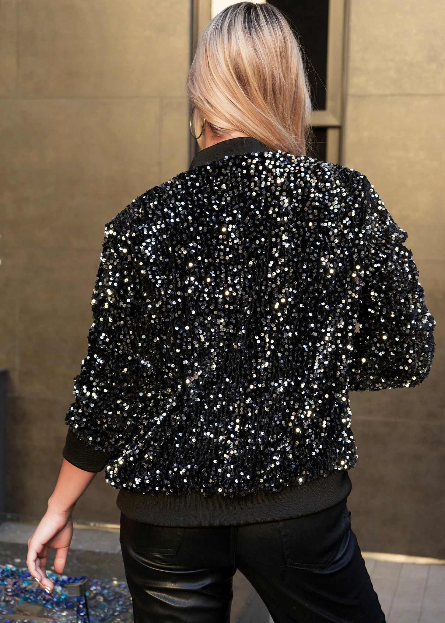 Anna-Kaci Women's Sparkly Sequin Jacket Glitter Long Sleeves Front Zip Up Bomber Jacket with Ribbed Cuffs