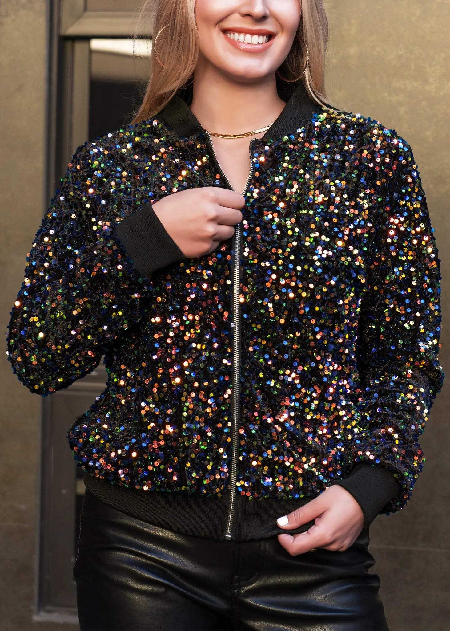 Anna-Kaci Women's Sparkly Sequin Jacket Glitter Long Sleeves Front Zip Up Bomber Jacket with Ribbed Cuffs