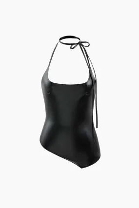 Asymmetric Faux Leather Halter Top