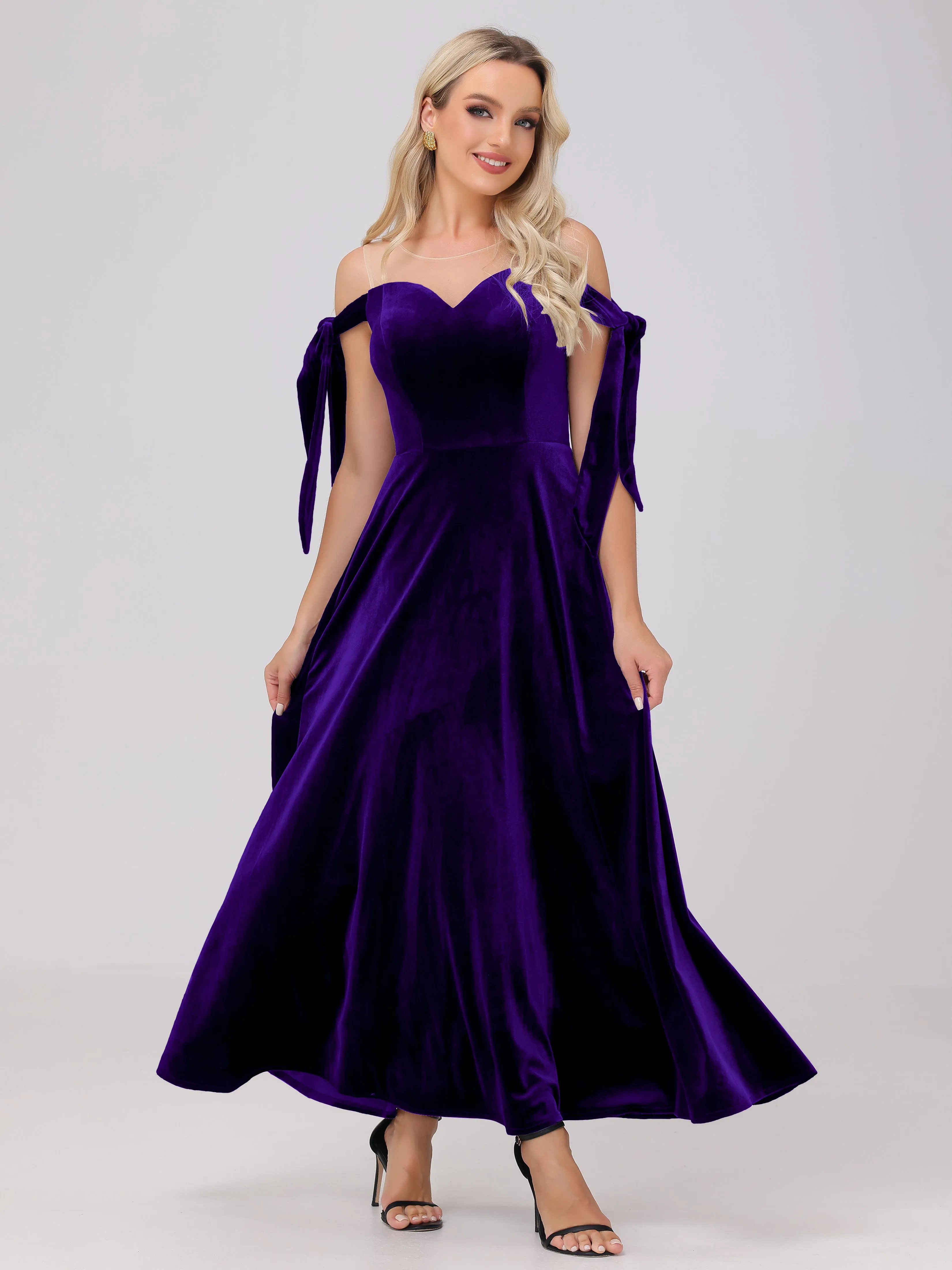 Bateau Off The Shoulder Long Velvet Bridesmaid Dresses