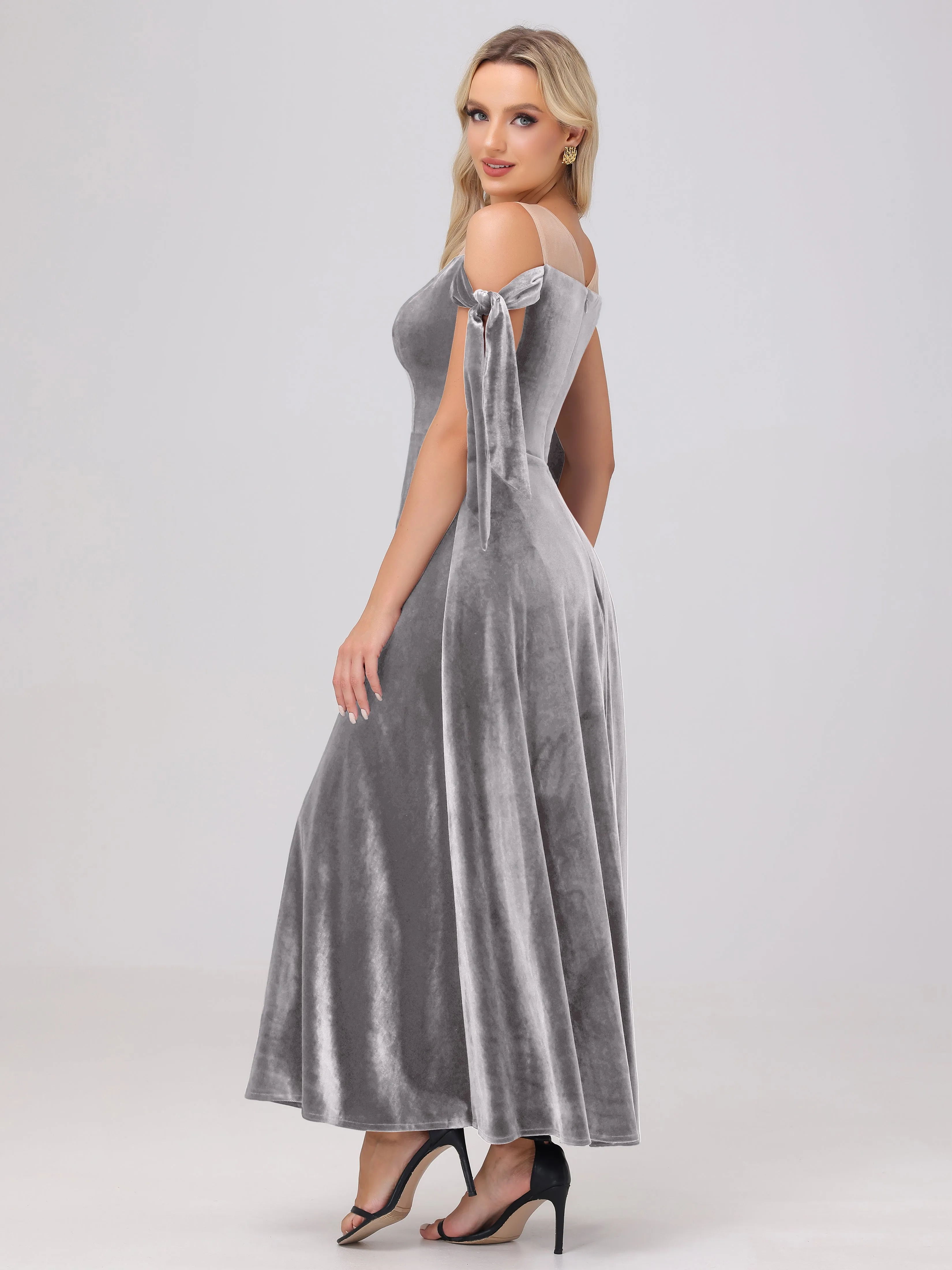 Bateau Off The Shoulder Long Velvet Bridesmaid Dresses