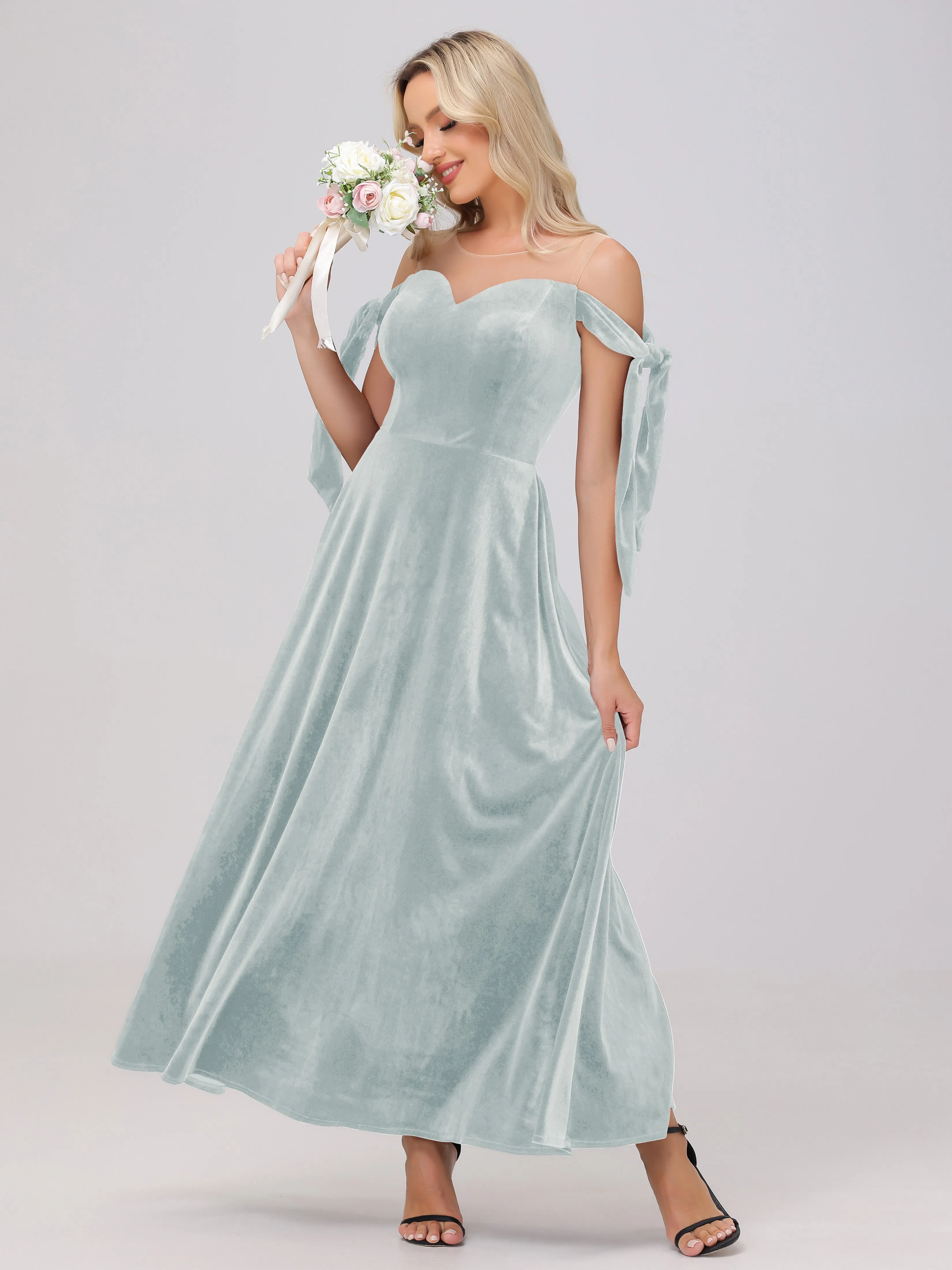 Bateau Off The Shoulder Long Velvet Bridesmaid Dresses