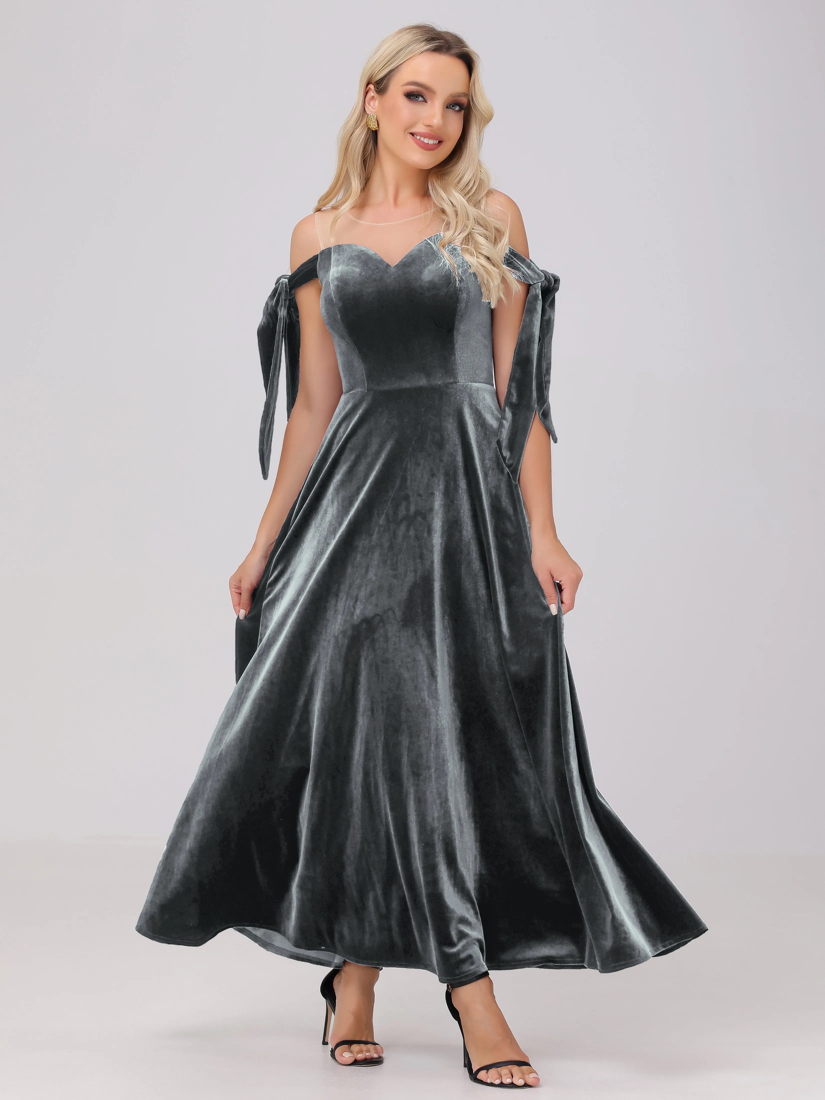 Bateau Off The Shoulder Long Velvet Bridesmaid Dresses