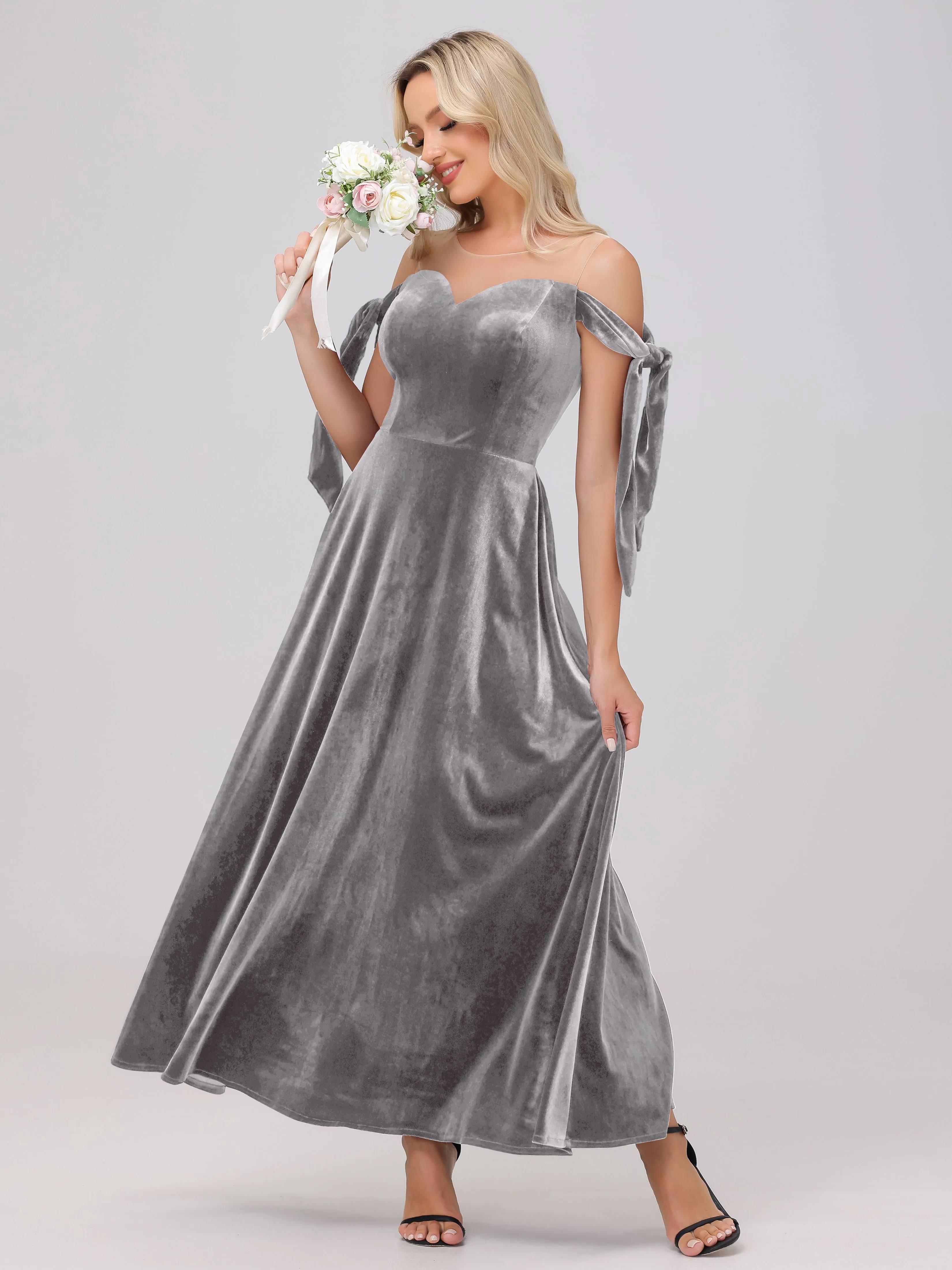 Bateau Off The Shoulder Long Velvet Bridesmaid Dresses