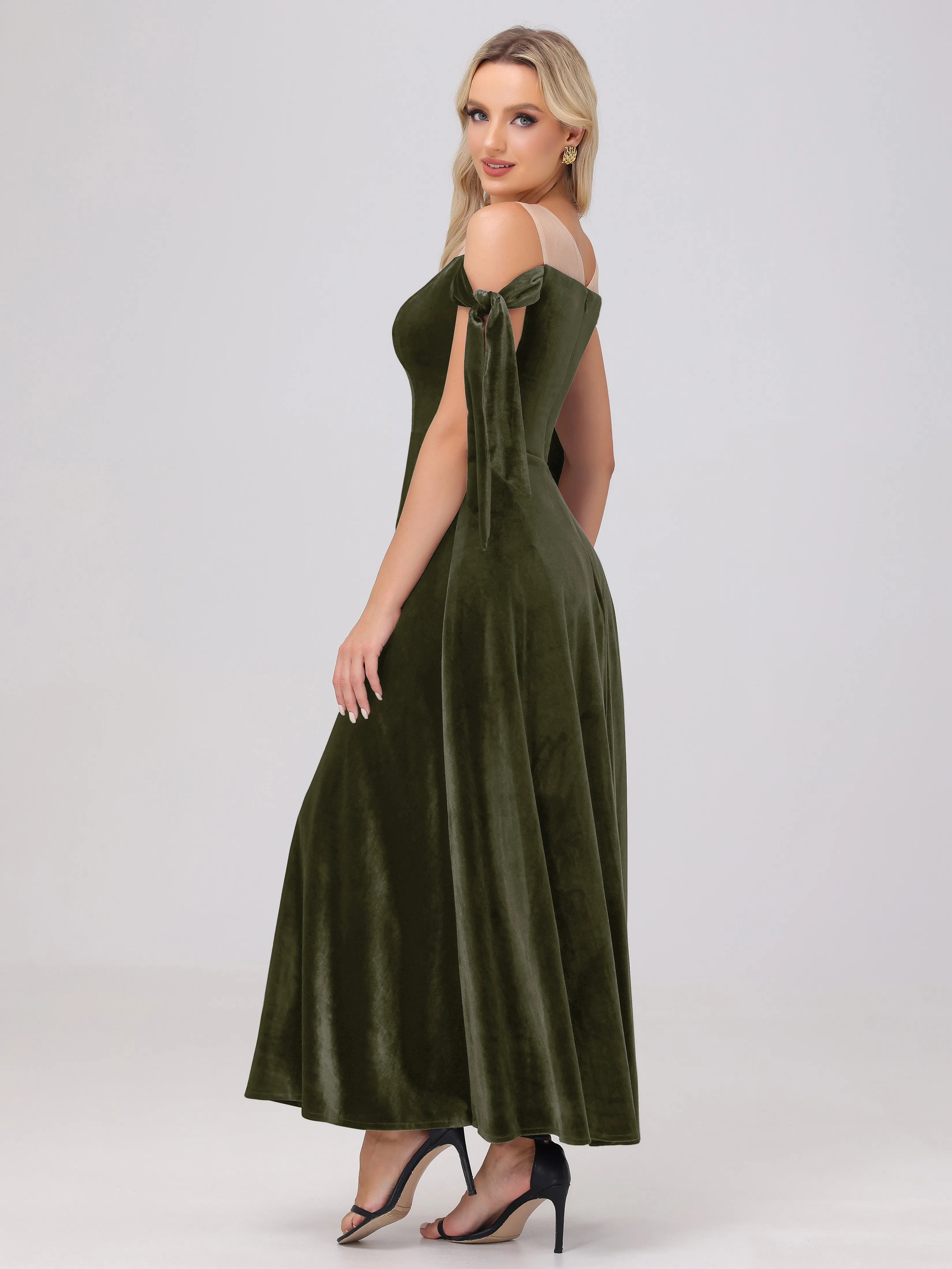 Bateau Off The Shoulder Long Velvet Bridesmaid Dresses