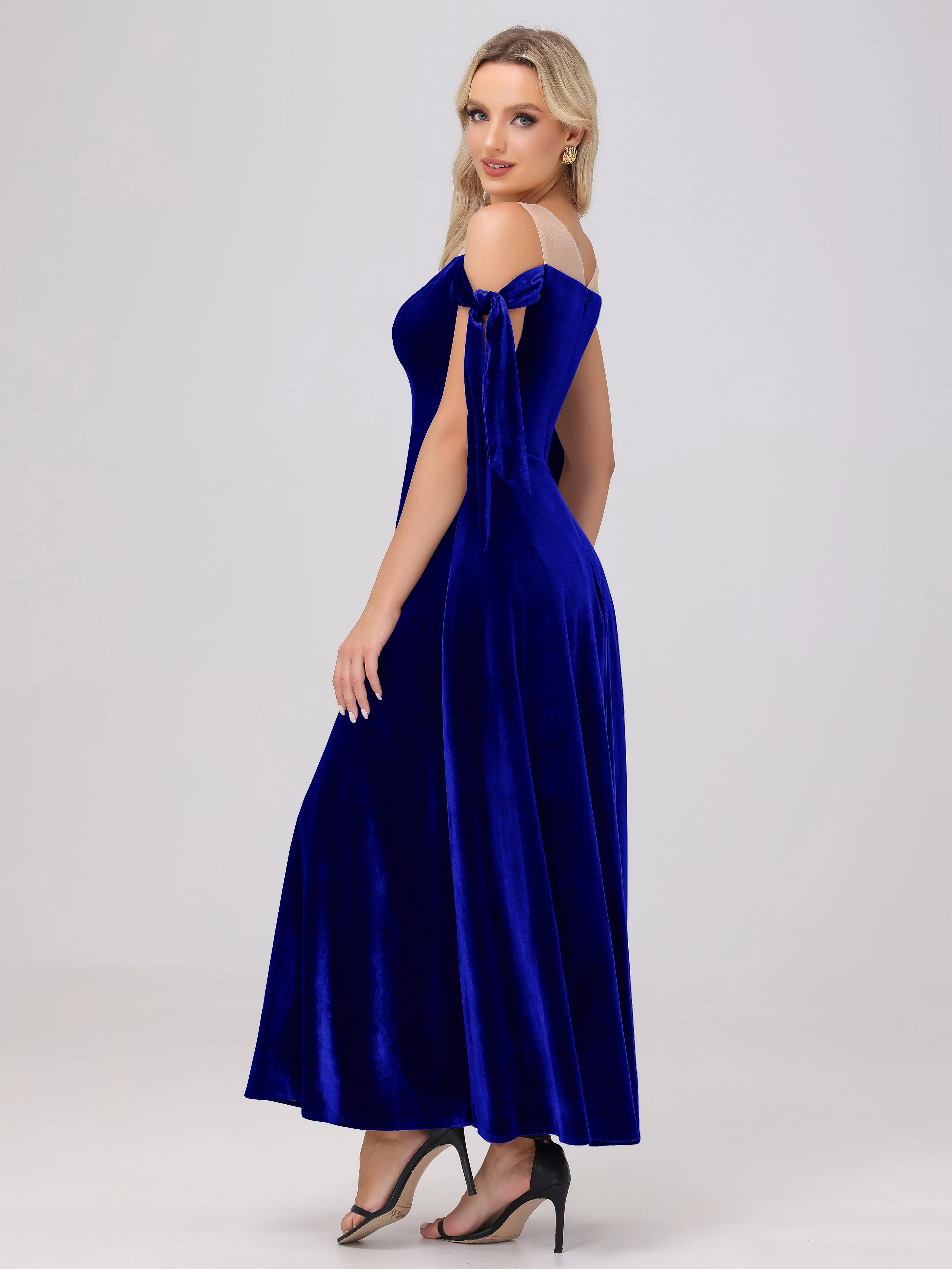 Bateau Off The Shoulder Long Velvet Bridesmaid Dresses