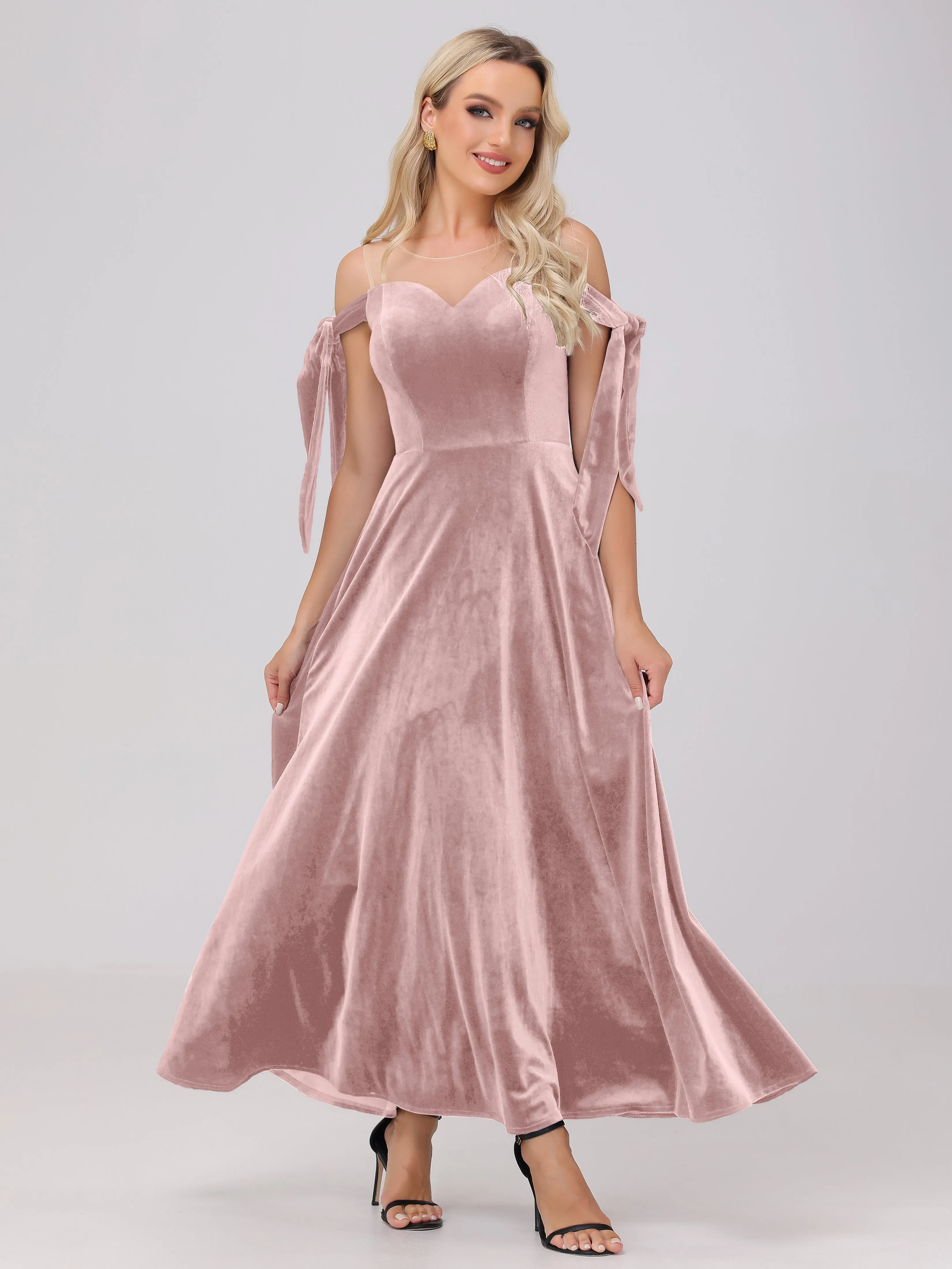 Bateau Off The Shoulder Long Velvet Bridesmaid Dresses