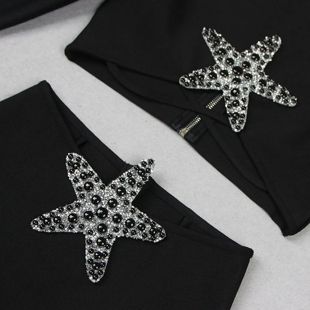 BLACK BEADED STARFISH DIAMOND LONG SLEEVE HIGH WAISTED SPLIT SKIRT