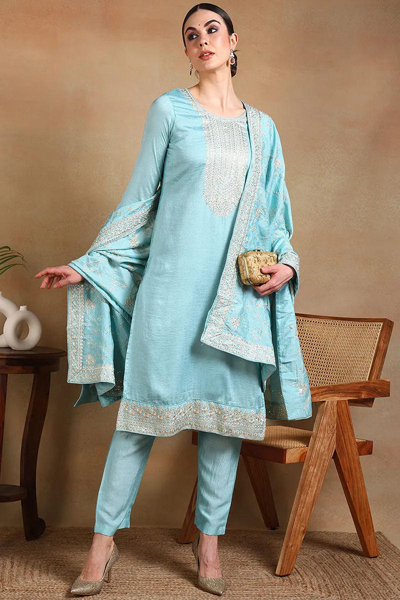 Blue Silk Blend Straight Kurta Pant With Dupatta PKSKD1888