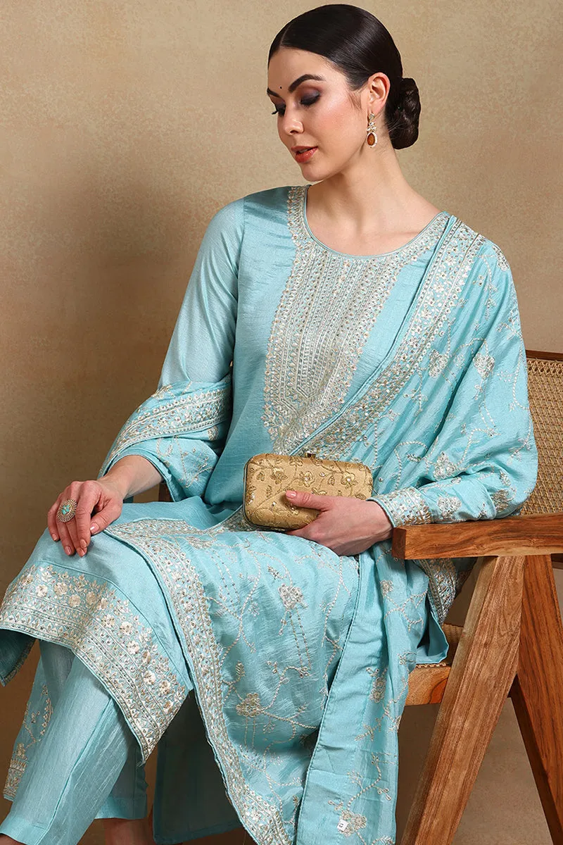 Blue Silk Blend Straight Kurta Pant With Dupatta PKSKD1888