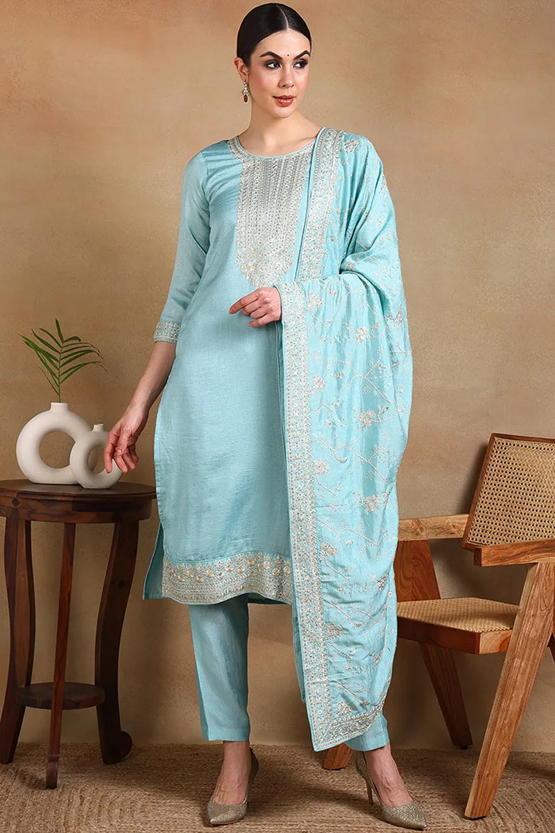 Blue Silk Blend Straight Kurta Pant With Dupatta PKSKD1888