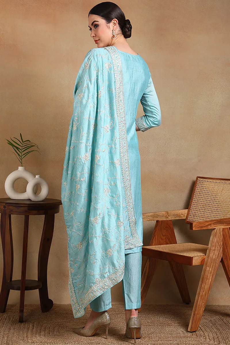 Blue Silk Blend Straight Kurta Pant With Dupatta PKSKD1888