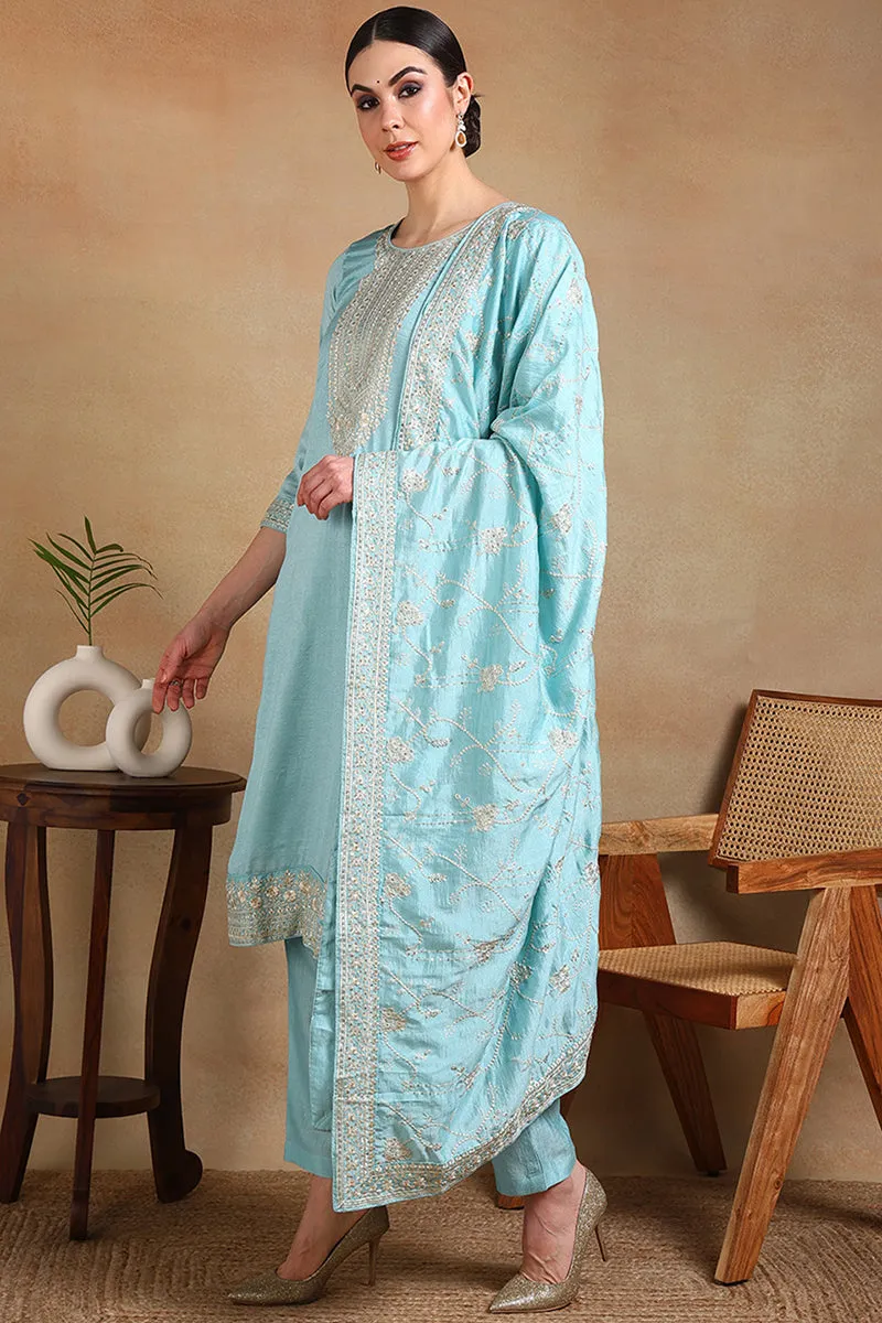 Blue Silk Blend Straight Kurta Pant With Dupatta PKSKD1888