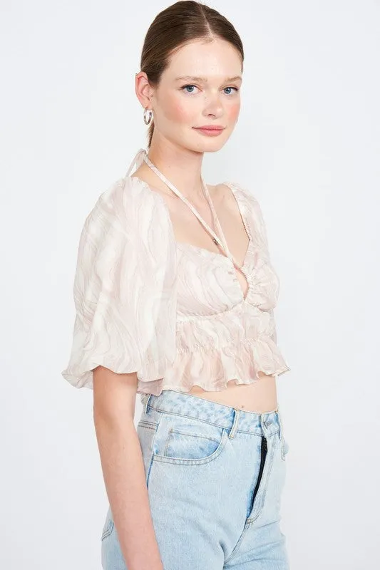 BUBBLE SLEEVE RUCHED CROP TOP