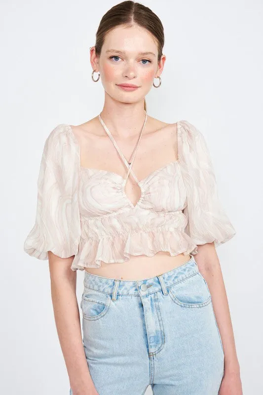 BUBBLE SLEEVE RUCHED CROP TOP