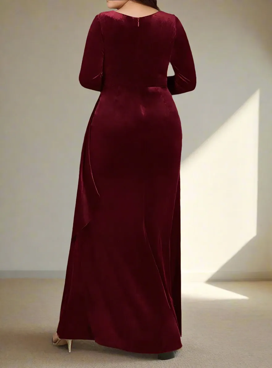 Burgundy A-Line V-Neck Long Sleeves Velvet Mother of The Bride Dresses