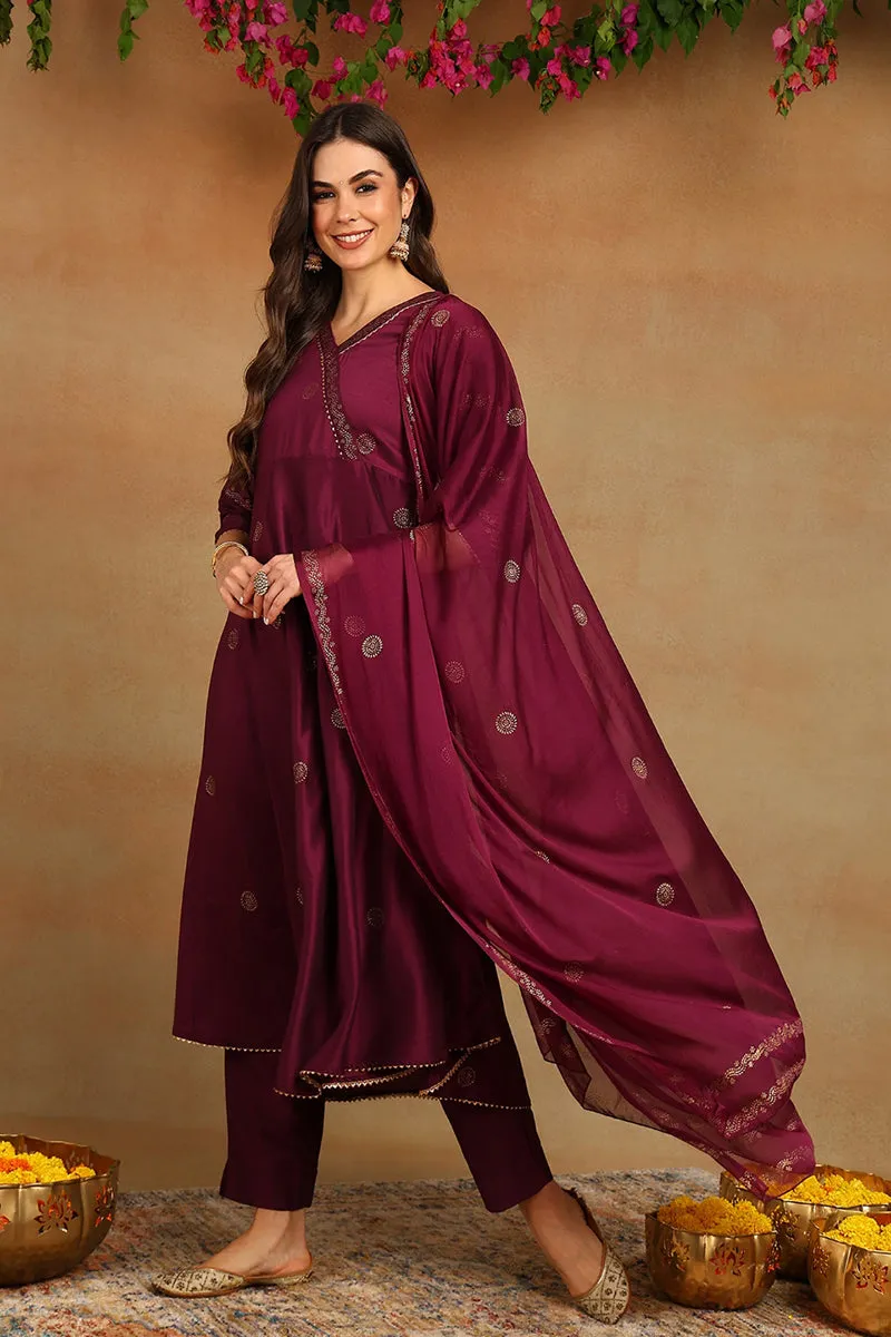 Burgundy Silk Blend Anarkali Woven Design Kurta Pant With Dupatta PKSKD1918