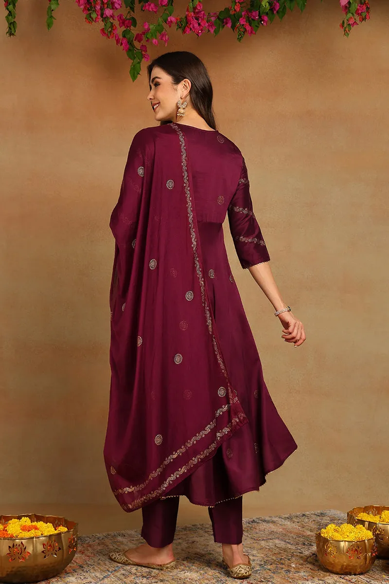 Burgundy Silk Blend Anarkali Woven Design Kurta Pant With Dupatta PKSKD1918