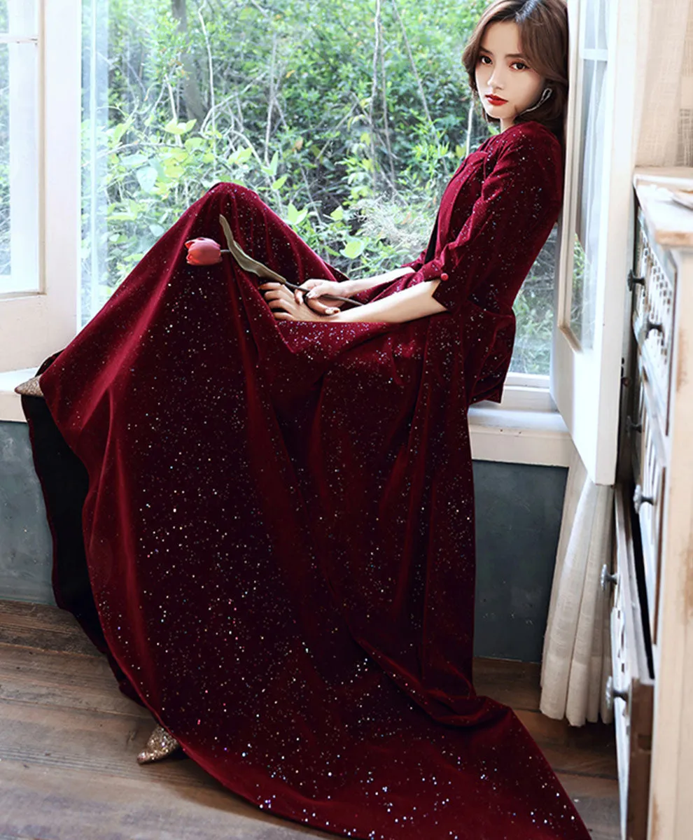 Burgundy Velvet Long Prom Dress Burgundy, Velvet Formal Evening Dress